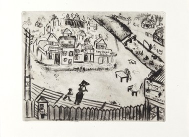 Chagall, "La città di N." (dal ciclo "Le anime morte"), 1927.