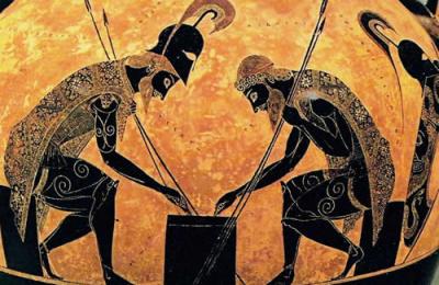 Achille e Aiace giocano ai dadi (particolare dell'anfora a figure nere di Exachias; Musei Vaticani)